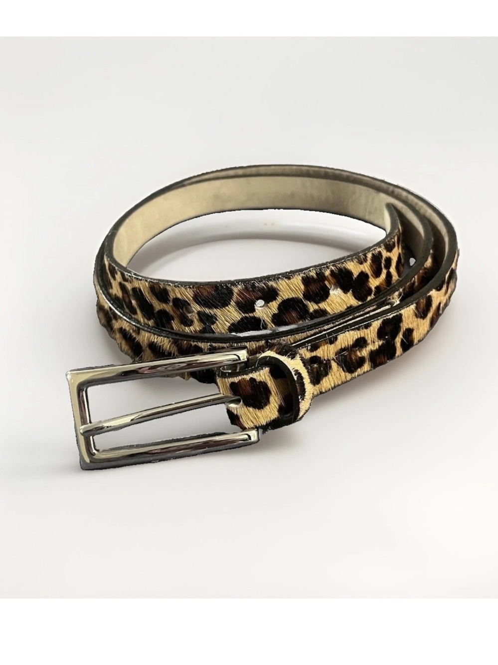 Leopard Print Women’s Skinny Leather Belt Tan Brown Black Silver buckle Large